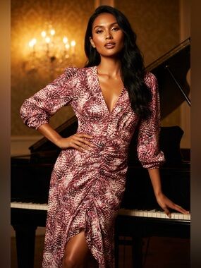 Express Abstract Animal Leopard Print Puff Sleeve Ruched Hi-Lo Midi Dress